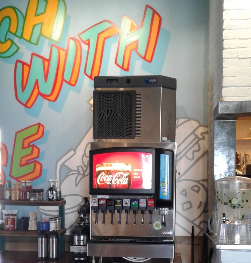 Self-serve fountain drinks, fresh local coffee and cucumber water.